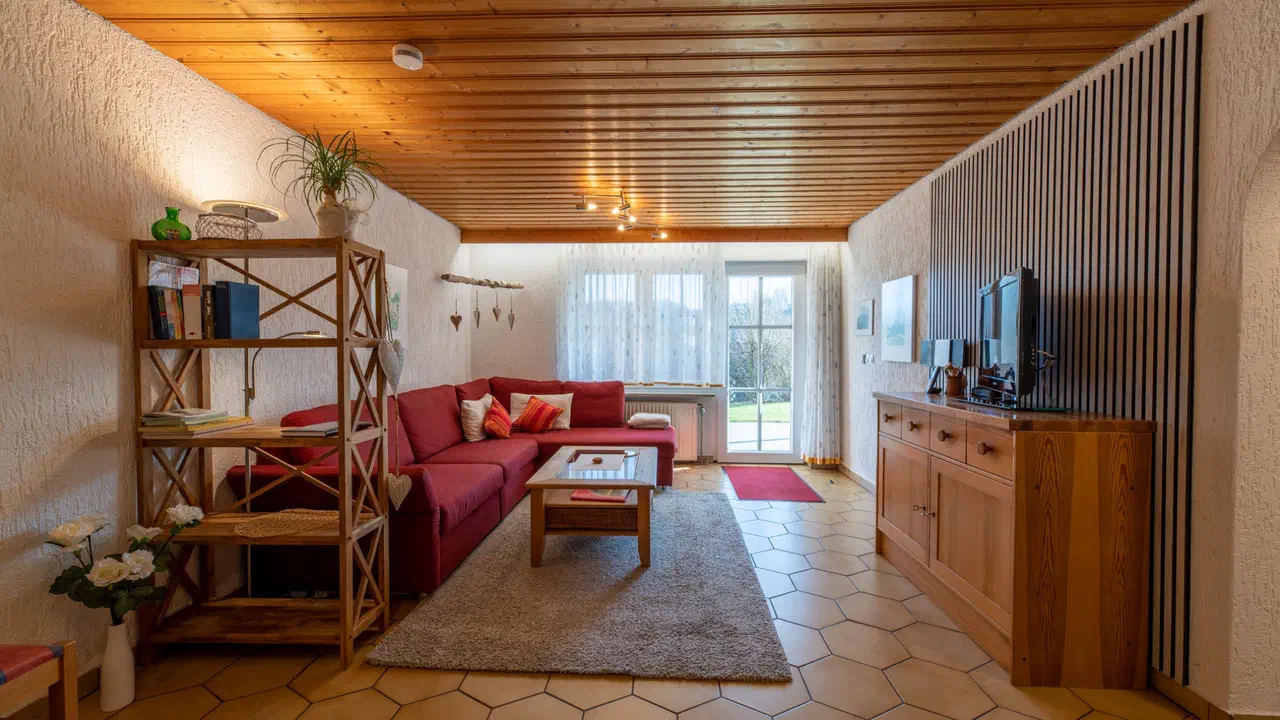Wohnzimmer einer Ferienwohnung mit Sofa und Essbereich